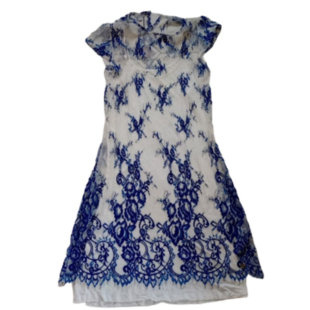 GUESS White Blue  Lace Overlay Dress Girl 16 (also fits women XS)